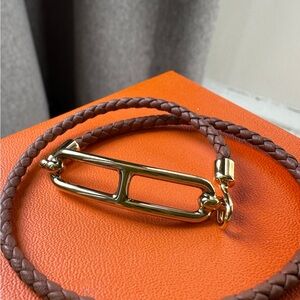 Hermès Roulis Double Tour Leather Bracelet with Gold Hardware
